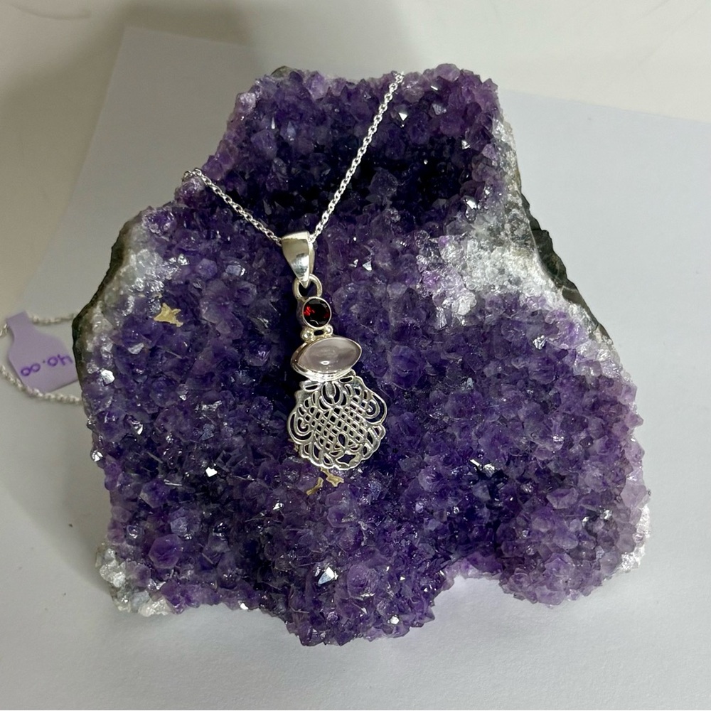Rose Quartz & Garnet Natural Gemstone Sterling Silver Pendant on 18 Inch Chain